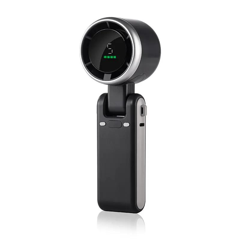 Portable foldable fan in black and silver, USB-C rechargeable handheld and desk fan.