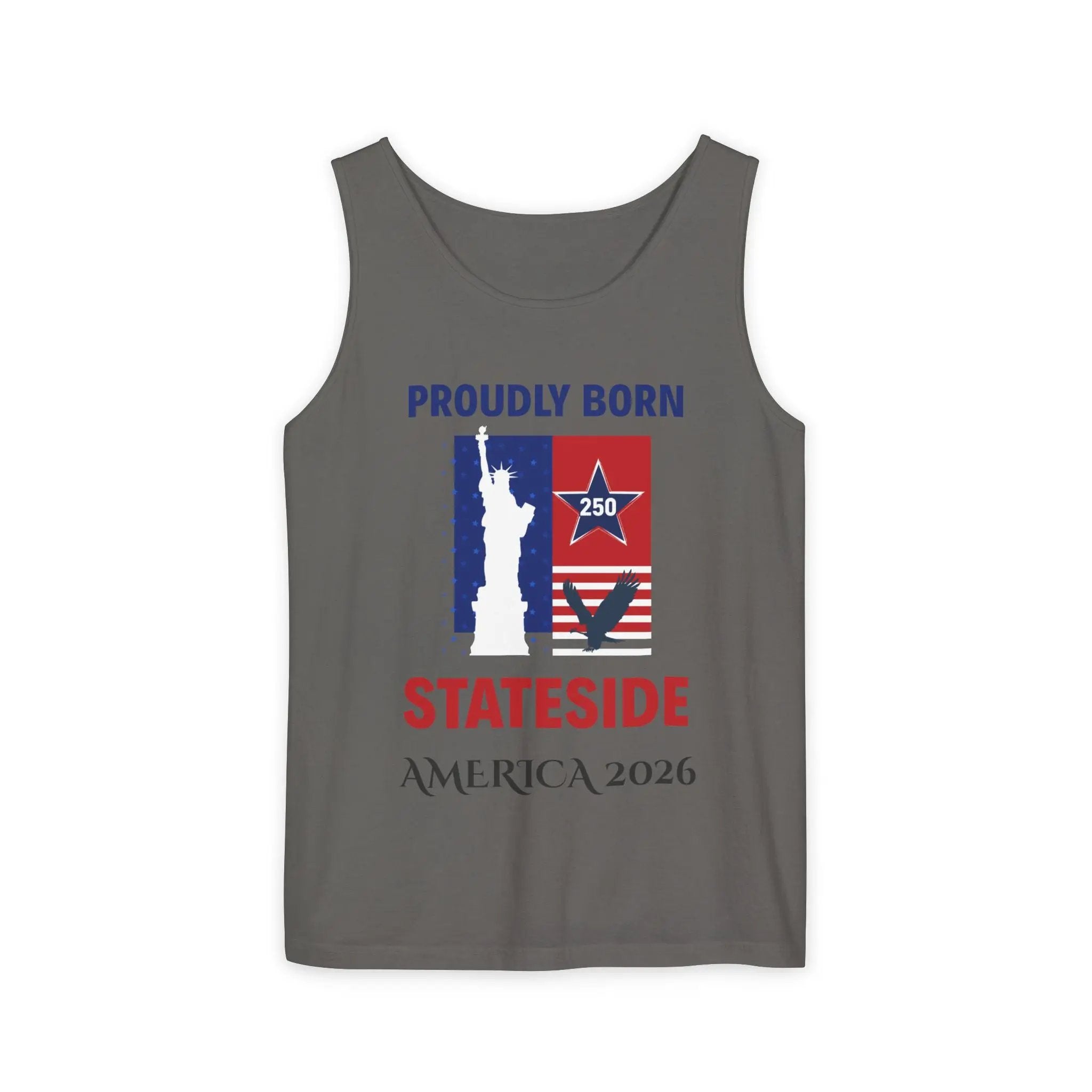 Tank top by Printify; gray Stateside Pride design with patriotic American flag graphic.