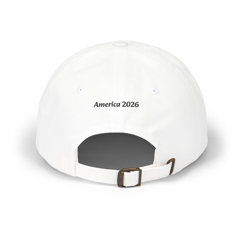 Proudly Born Stateside Dad Cap, white hat with front embroidery reading America 2026 and adjustable back strap
