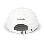 Proudly Born Stateside Dad Cap, white hat with front embroidery reading America 2026 and adjustable back strap
