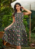 Retrolicious Woodland print midi dress in navy.