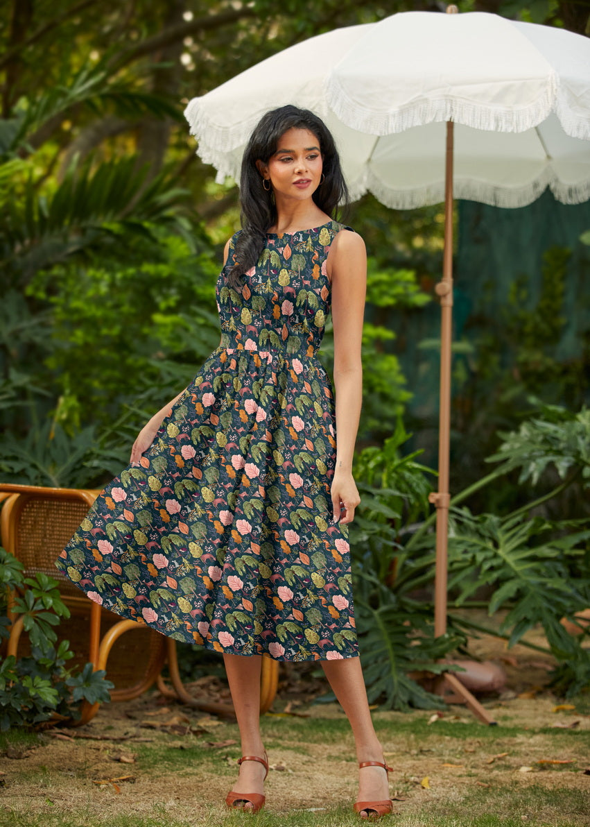 Woodland Midi Dress in Navy