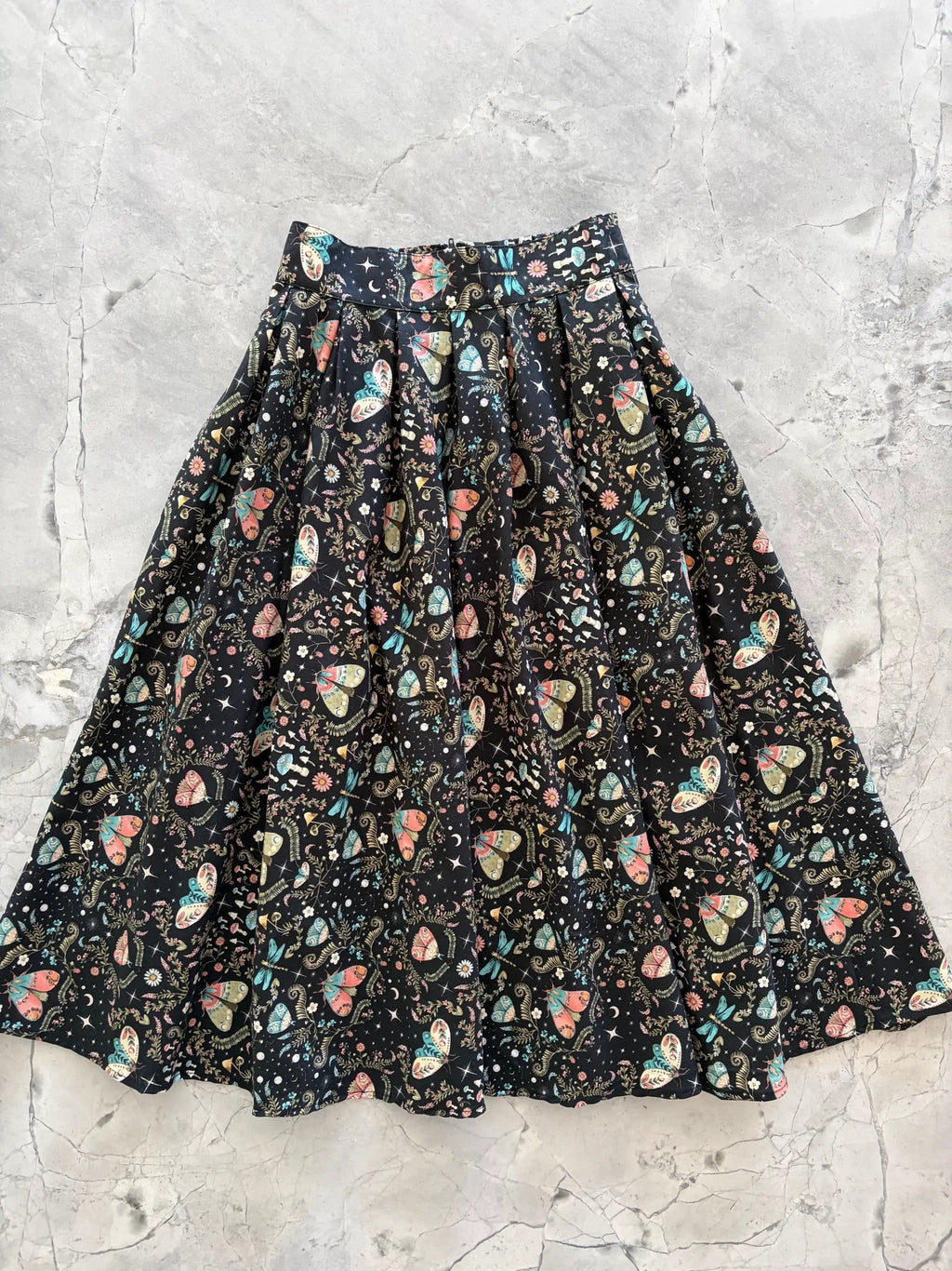 Midnight Print Doris Skirt Vintage Style 100 Percent Cotton Pleated Skirt With Elastic Back Waistband Hidden Side Pocket by Retrolicious