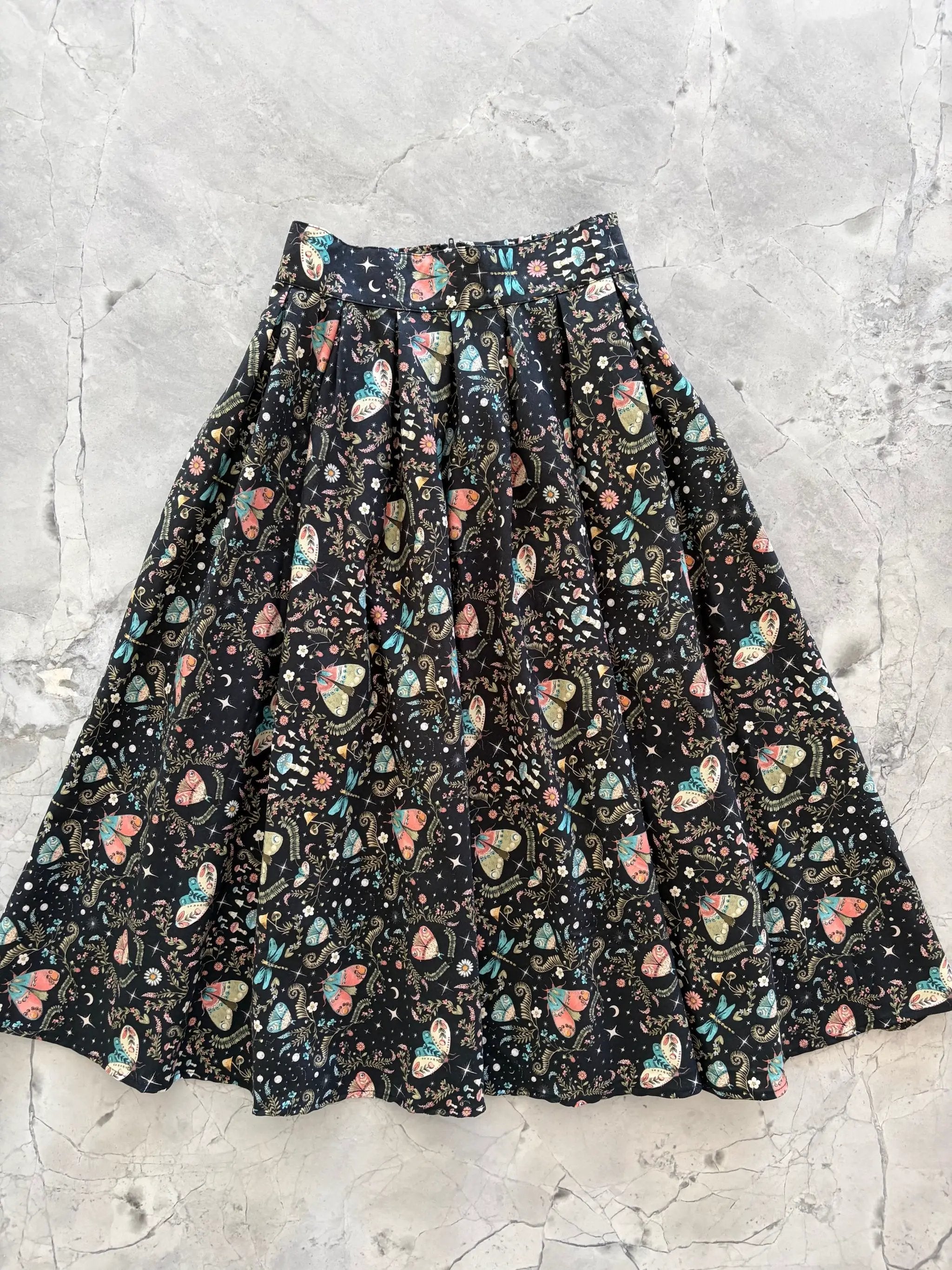Midnight Print Doris Skirt Vintage Style 100 Percent Cotton Pleated Skirt With Elastic Back Waistband Hidden Side Pocket by Retrolicious
