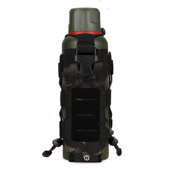 Portable Water Bottle Carrier Bag by Shopwithnoble.com, camouflage polyester sleeve with handle and MOLLE straps.
