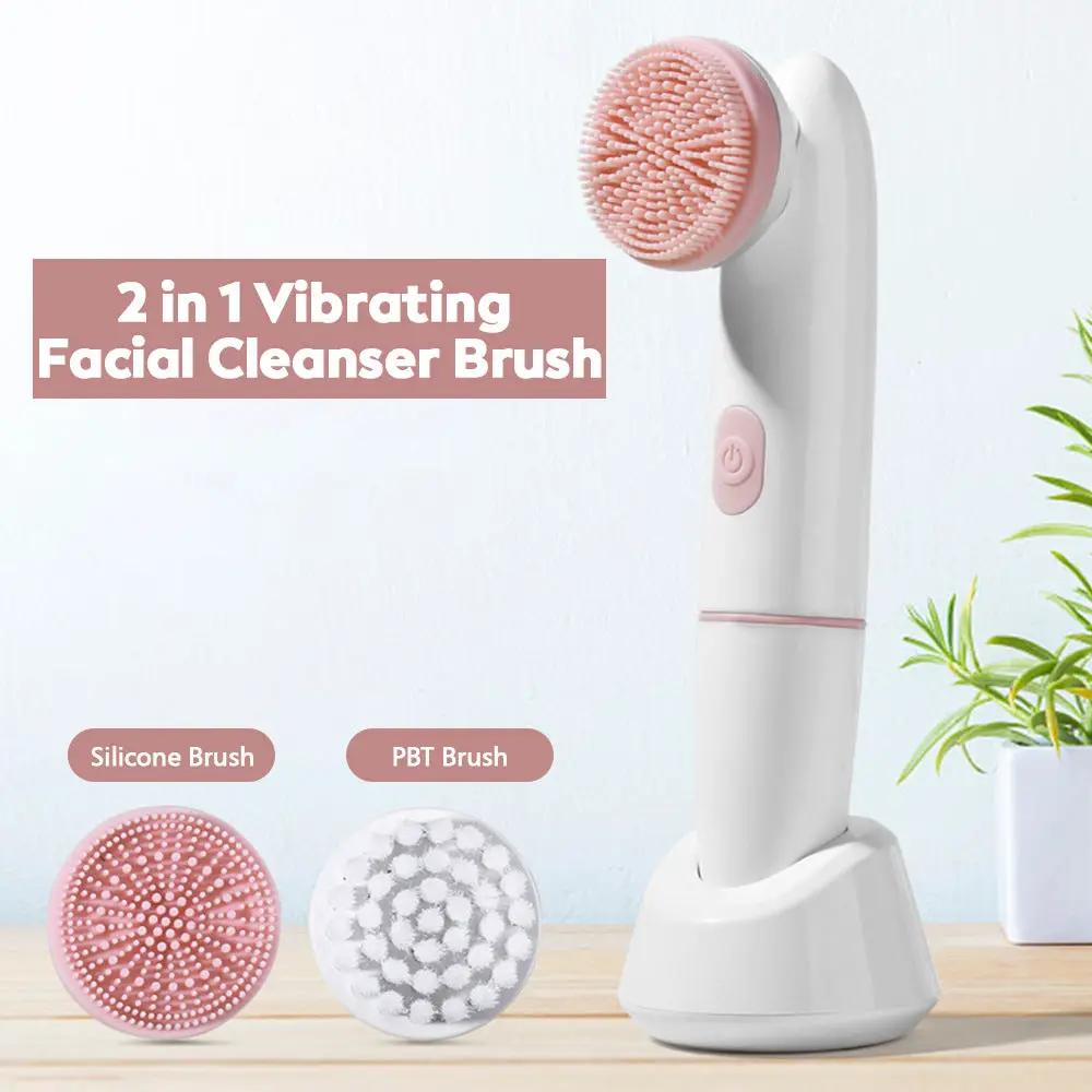 2-In-1 vibrating facial cleanser brush by VIP Digital Presence; white device with pink silicone head and 2 PBT brush heads