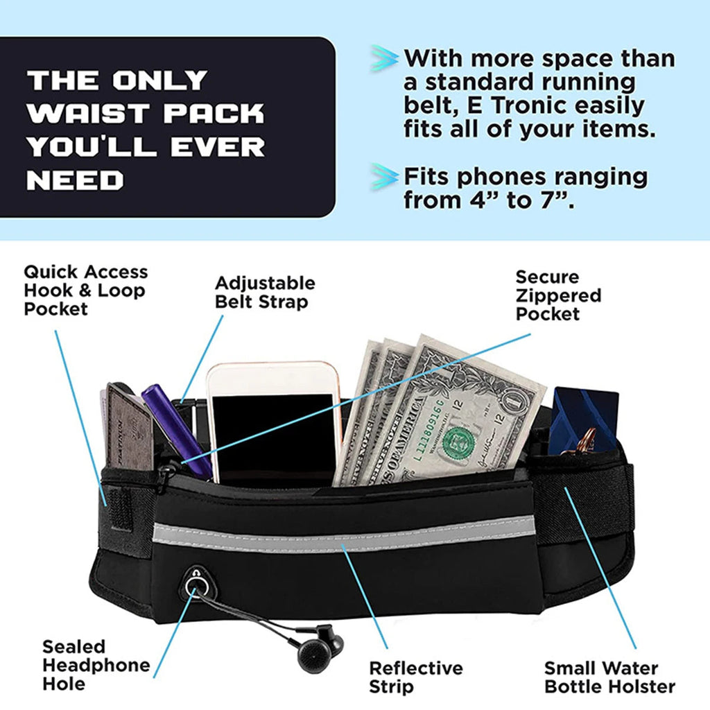 Hands Free Dog Leash waist pack by ViralGalleria.com, black with reflective stripe and adjustable belt.