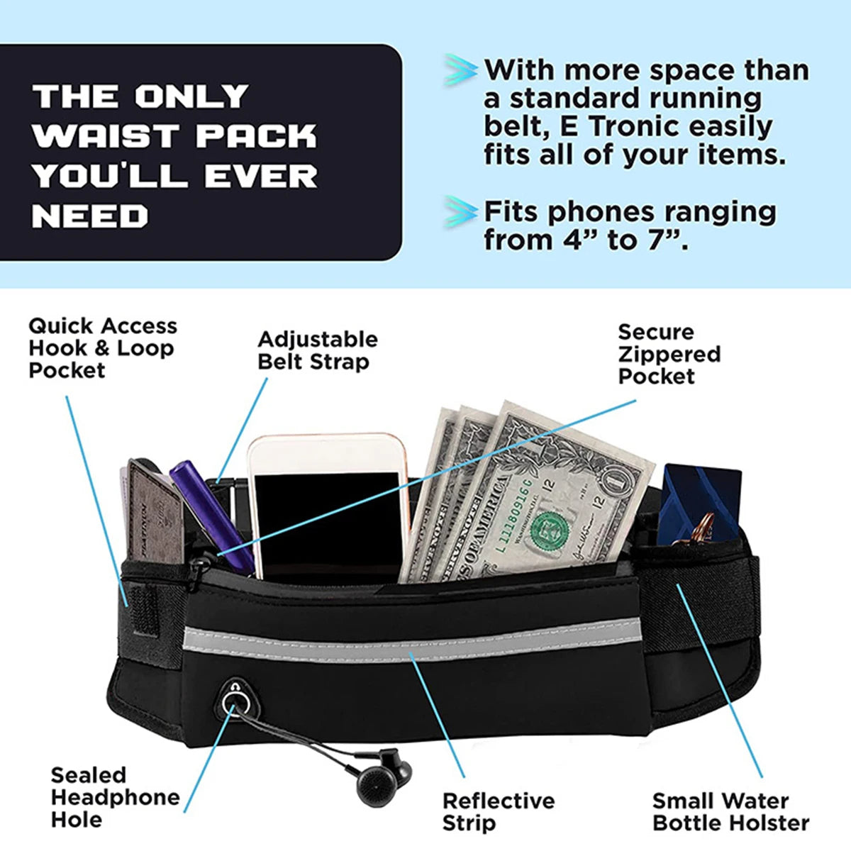 Hands Free Dog Leash waist pack by ViralGalleria.com, black with reflective stripe and adjustable belt.