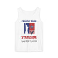Tank Top Stateside Pride design in white with red and blue flag elements and STATESIDE text.
