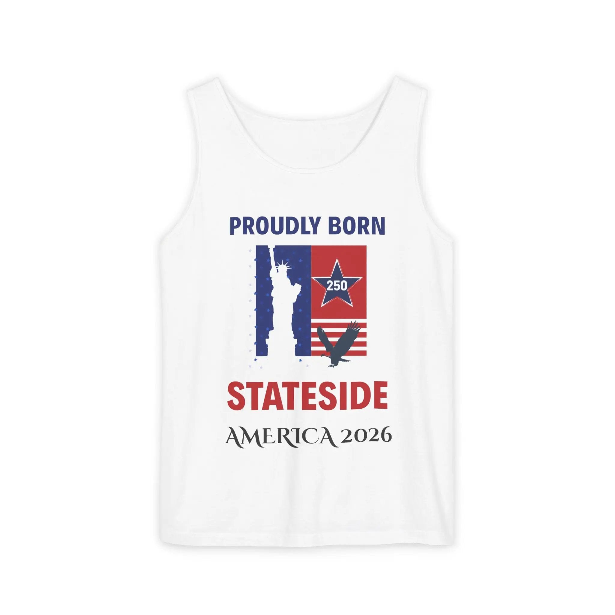 Tank Top Stateside Pride design in white with red and blue flag elements and STATESIDE text.