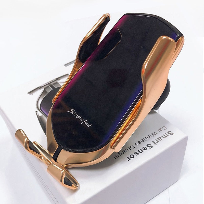 Car wireless charger holder for iPhone with rose-gold auto-clamp and 10W Qi fast charging