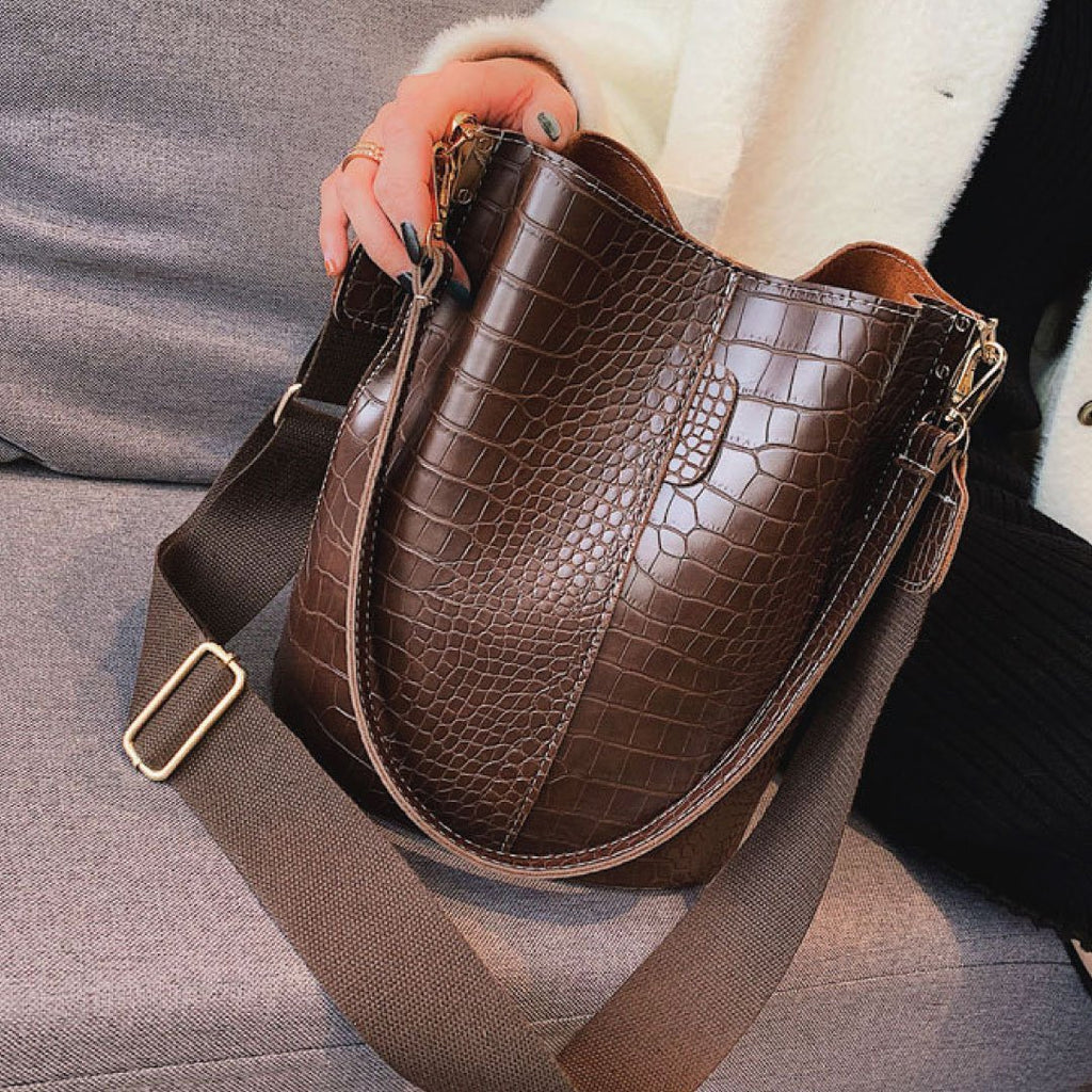 Blake Chocolate Croc Vegan Leather Shoulder Bag With Interchangeable Straps by STATESIDE NOVA