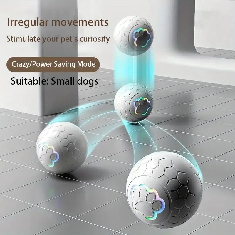 Interactive Pet Toy Ball set for dogs; four white hex-pattern balls with rainbow paw logo and blue glow.