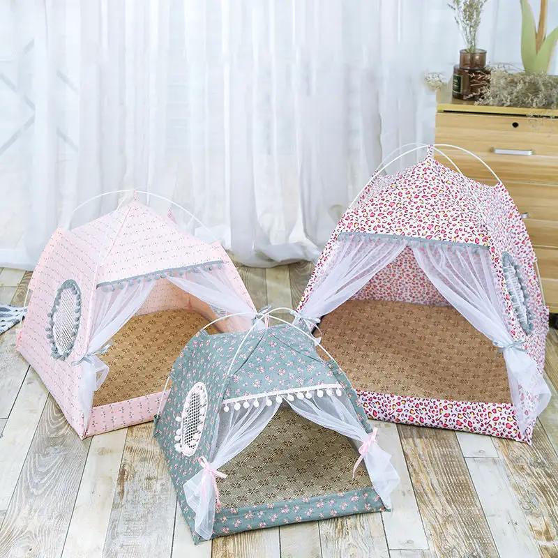 Comfy Calming Pet Tent Bed for small pets - three floral pastel cat tents with sheer curtains