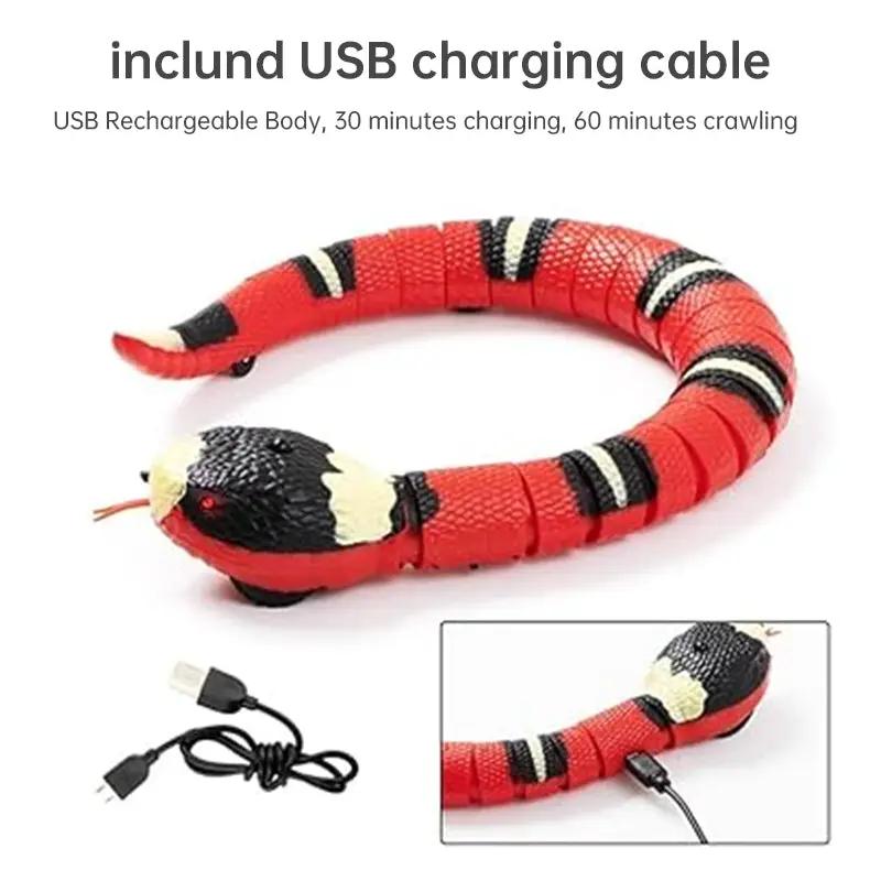 USB Rechargeable Interactive Cat Toy Snake by VIP, red/black with white stripes; USB charging cable included.