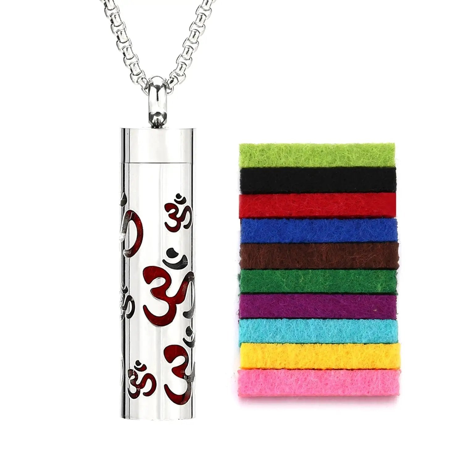 Scent Necklace by ViralGalleria.com - silver cylindrical pendant on a chain with red Om design; 10 colorful felt pads