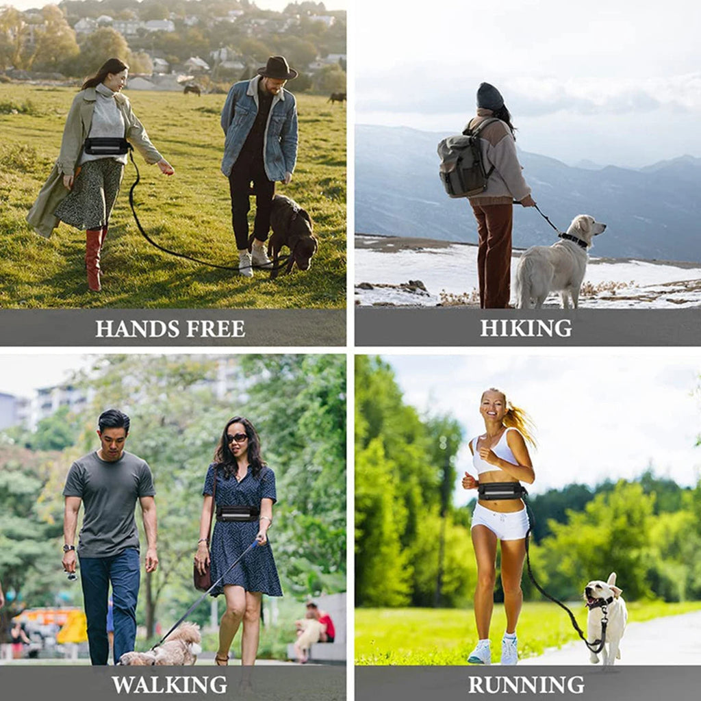 Hands Free Dog Leash by ViralGalleria.com; black waist-worn leash shown in hiking, walking, and running scenes