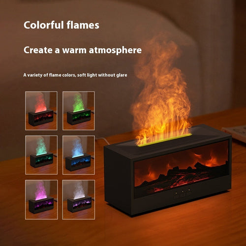 Simulated 3D Fireplace Flame Aroma Diffuser by FLIPSTYLEZLLC; black unit with orange flame and six color options