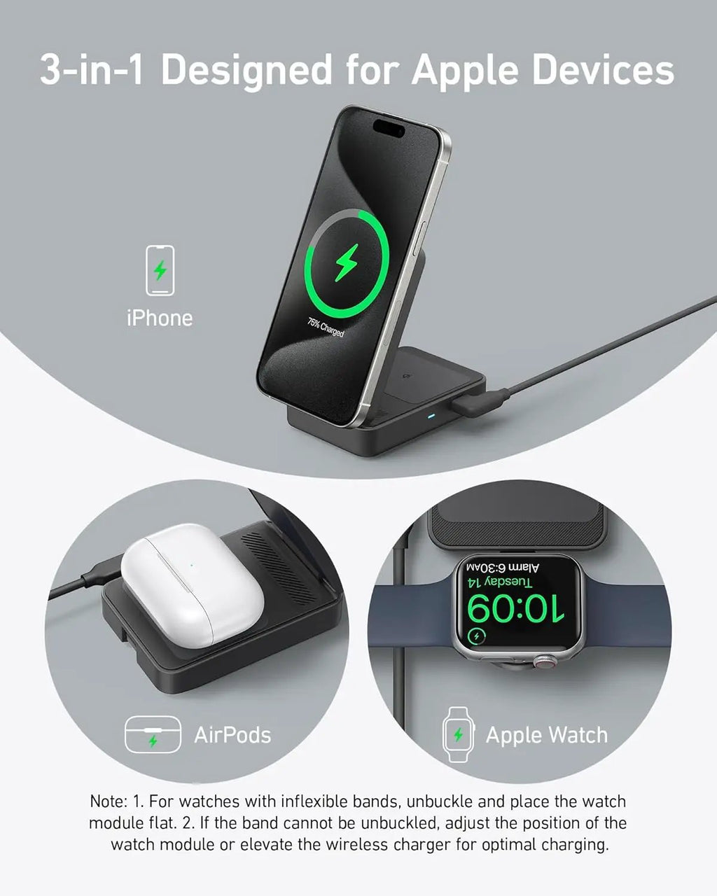Anker MagGo 3-in-1 foldable wireless charging station, black, charges iPhone, AirPods and Apple Watch
