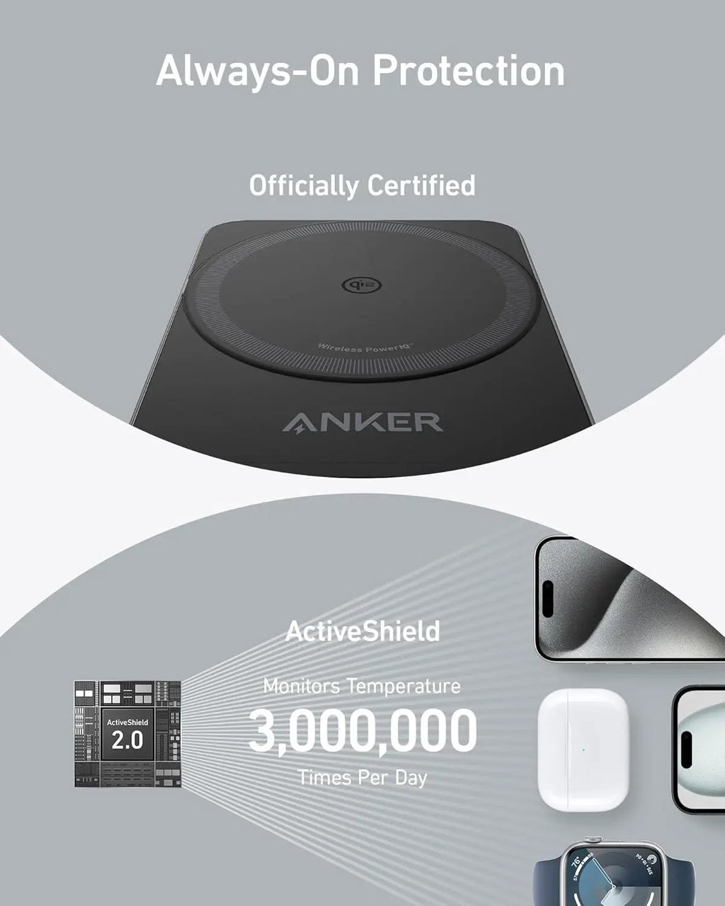 Anker MagGo 3-in-1 foldable wireless charging station, black, charges phone, watch, and earbuds.
