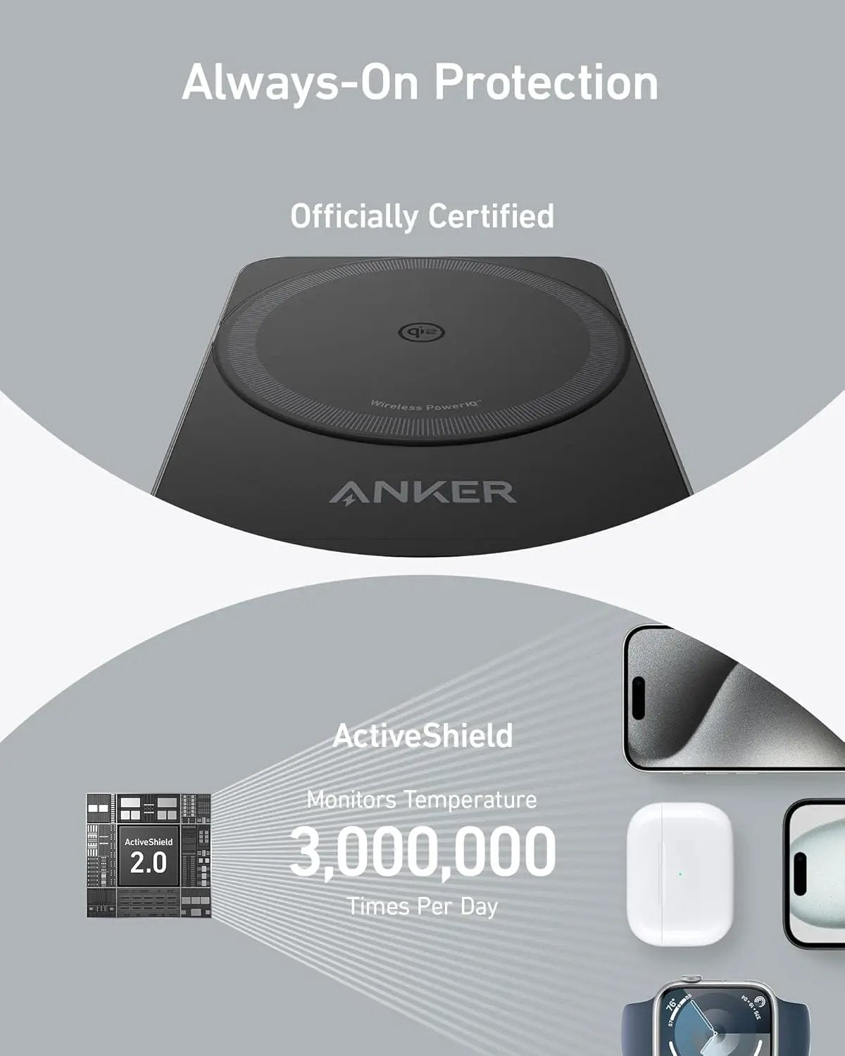 Anker MagGo 3-in-1 foldable wireless charging station, black, charges phone, watch, and earbuds.