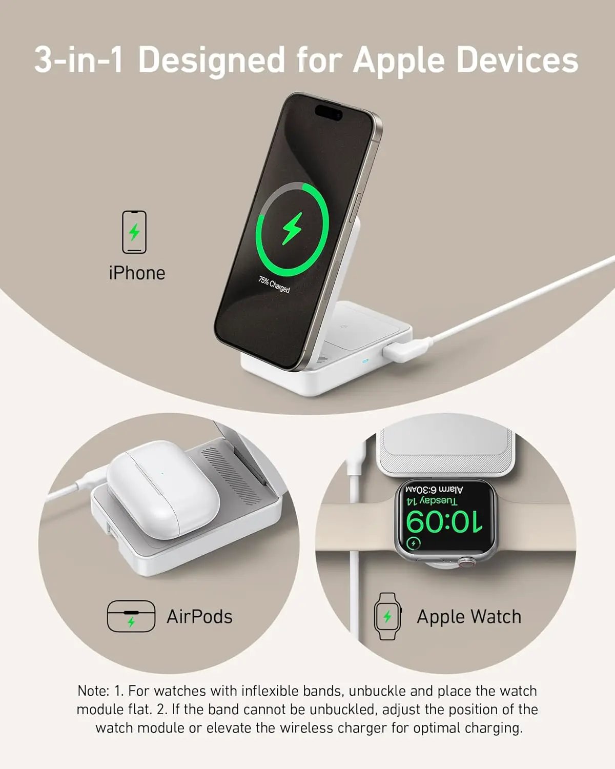 Anker MagGo 3-in-1 Foldable Wireless Charging Station in white, charges iPhone, AirPods, and Apple Watch.