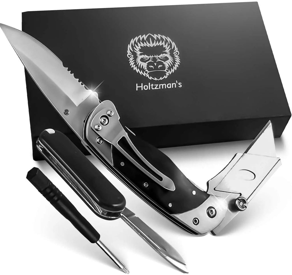 Holtzman's Gorilla Survival folding utility knife with dual blades and belt clip gift set