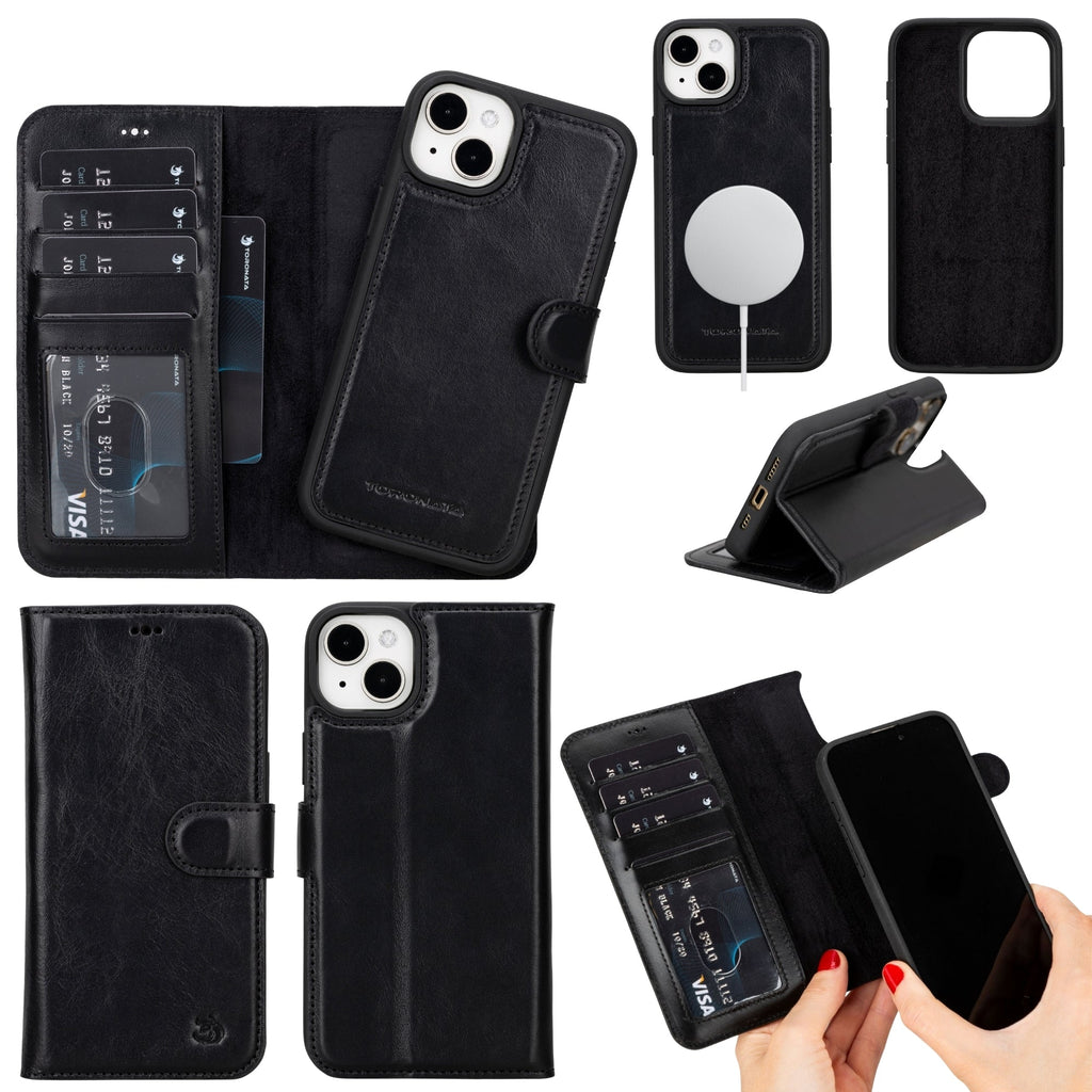TORONATA Casper full-grain leather MagSafe wallet case for iPhone 15 Plus.