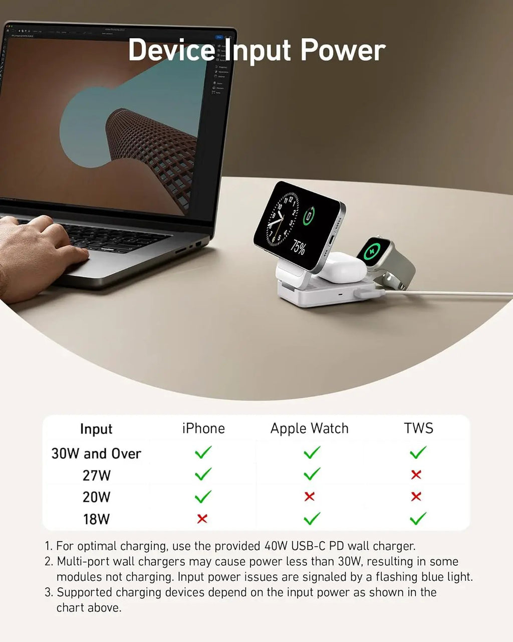 Anker MagGo 3-in-1 Foldable White Wireless Charging Station charging iPhone, Apple Watch, and AirPods.