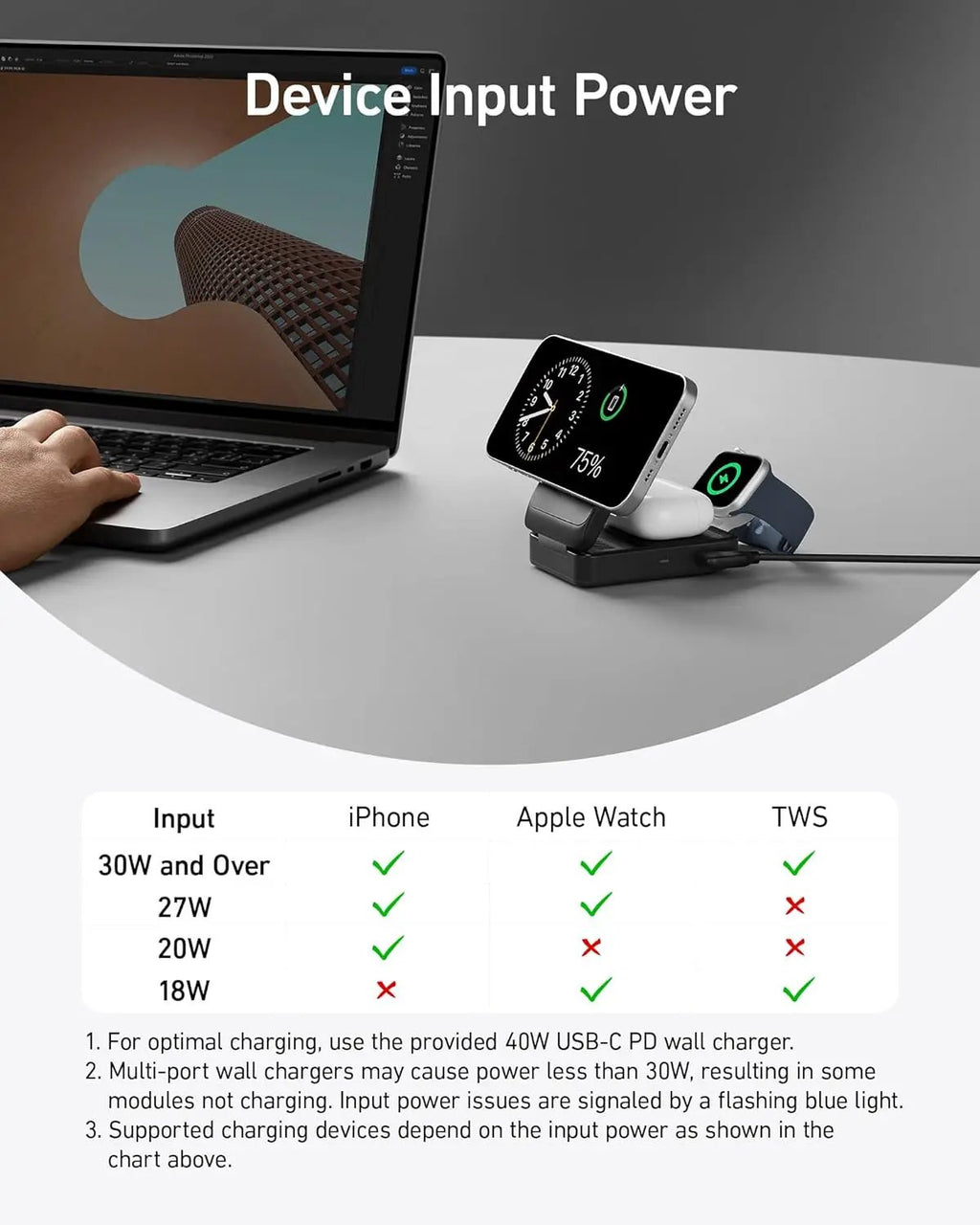 Anker MagGo Wireless Charging Station (Foldable 3-in-1) in black charging 1 iPhone, 1 Apple Watch, and 1 AirPods case