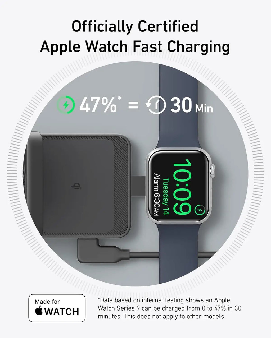 Anker MagGo Wireless Charging Station (Foldable 3-in-1) in dark gray charging an Apple Watch on a dock