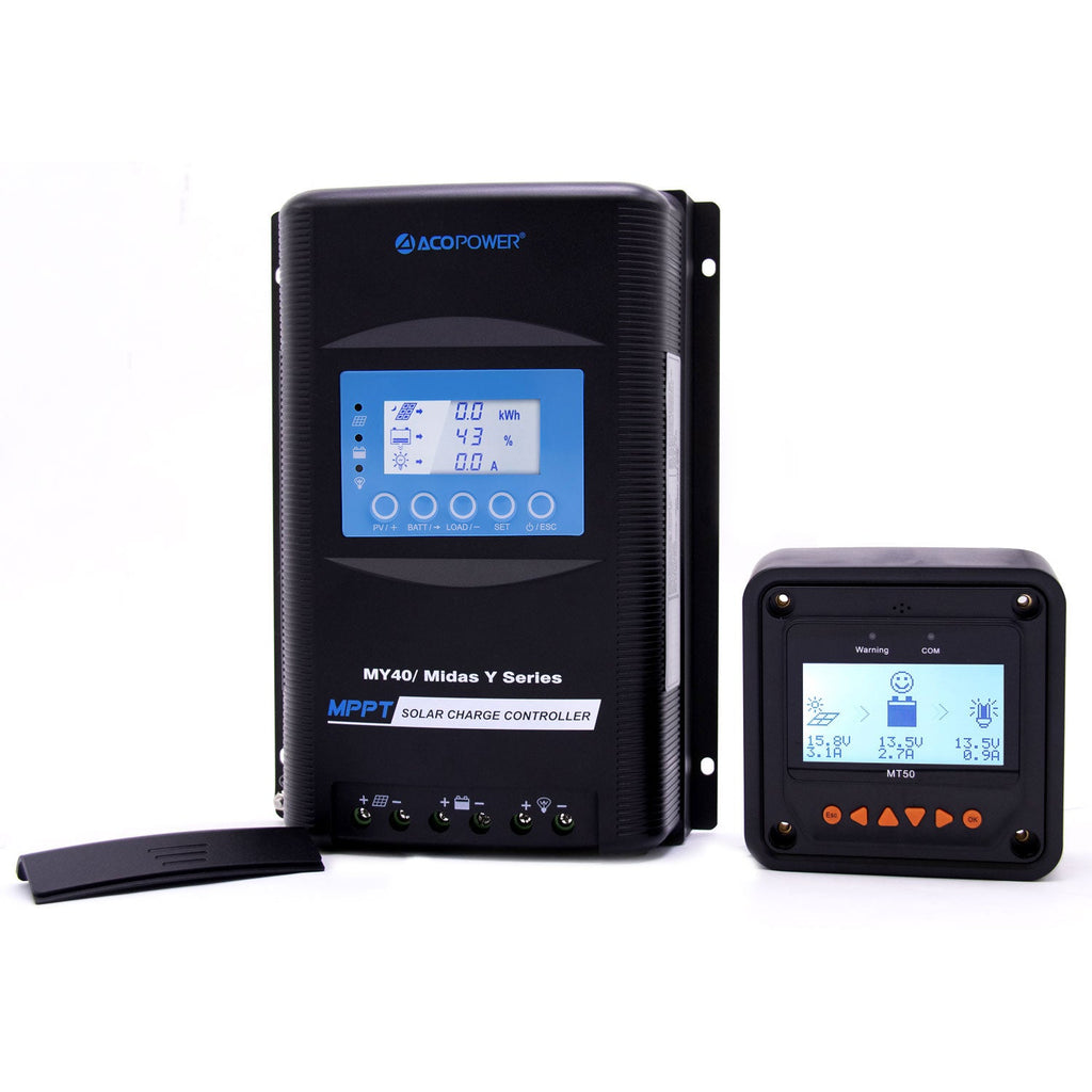 ACOPOWER Midas 40A MPPT solar charge controller with MT-50 remote meter.
