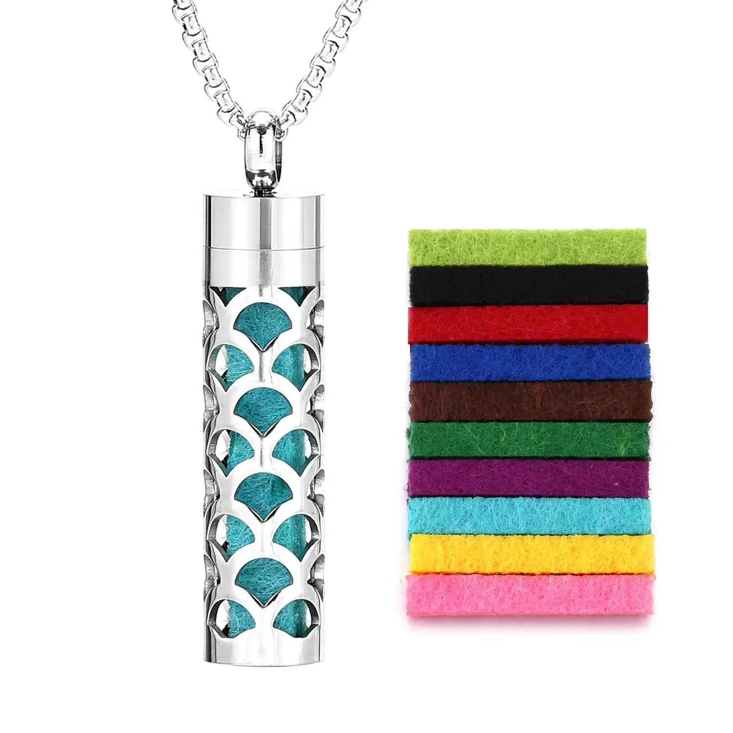 Scent Necklace by ViralGalleria.com: silver cylindrical pendant with turquoise inlay on a chain and colorful felt bands.