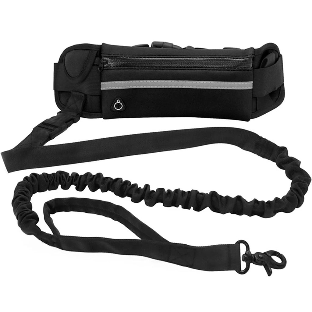Hands Free Dog Leash by ViralGalleria.com, black waist-worn belt with reflective stripe and bungee cord leash