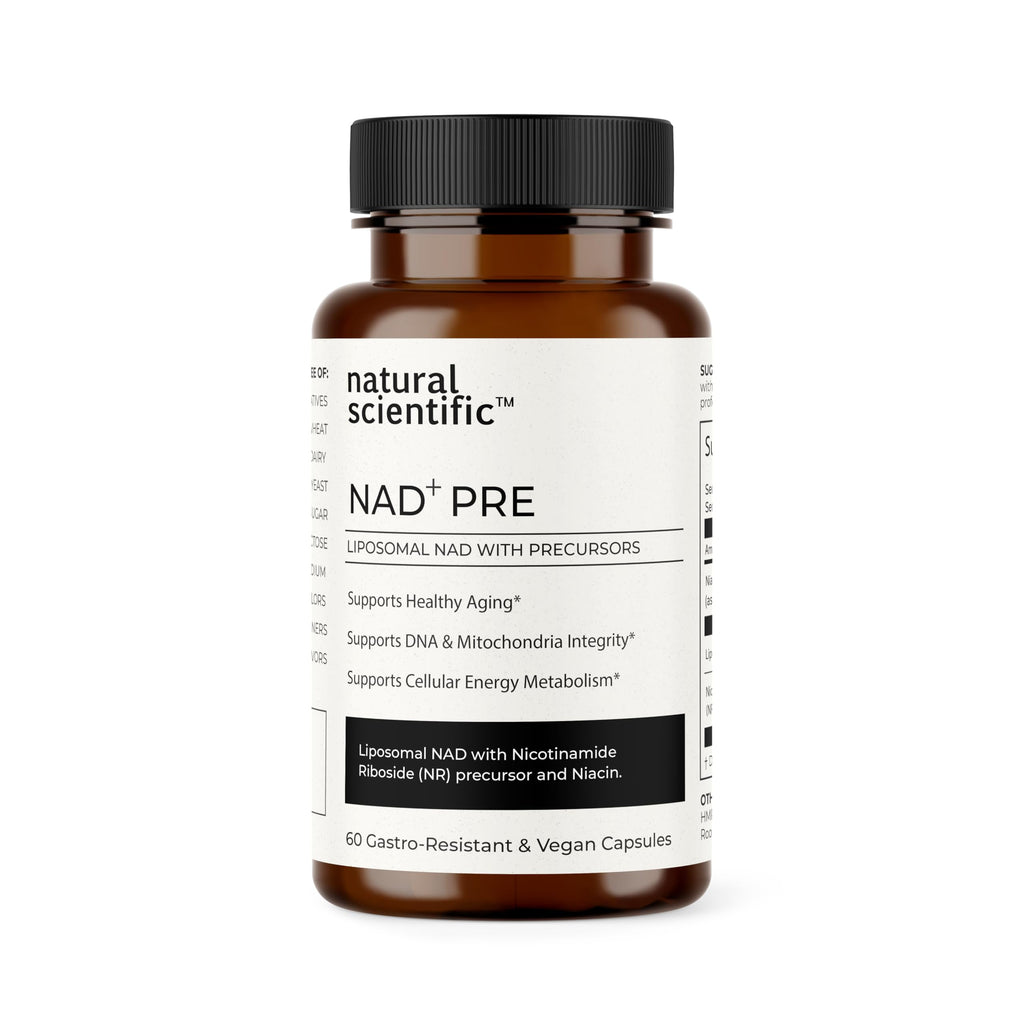 Natural Scientific NAD+ liposomal supplement bottle with brown glass and black screw cap, 60 capsules