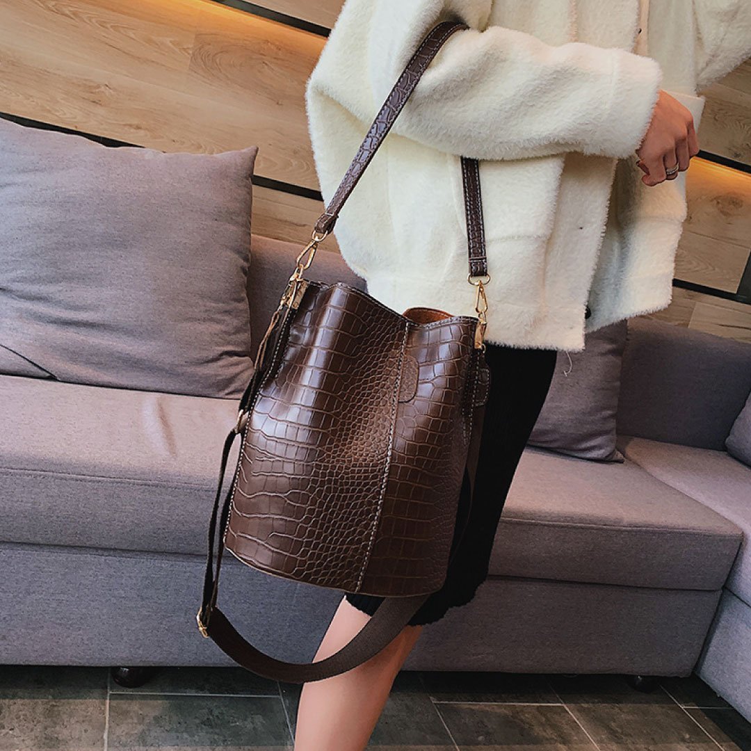 Blake Chocolate Croc Vegan Leather Shoulder Bag With Interchangeable Straps by STATESIDE NOVA