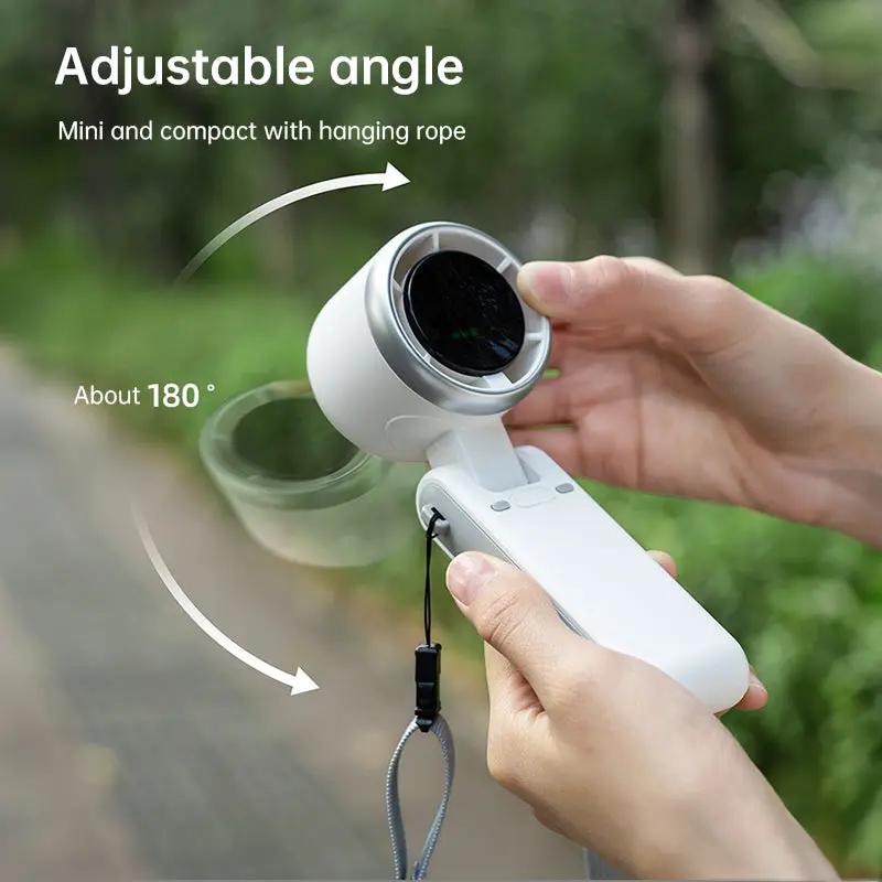 White portable foldable fan with 180-degree adjustable head, USB-C rechargeable.