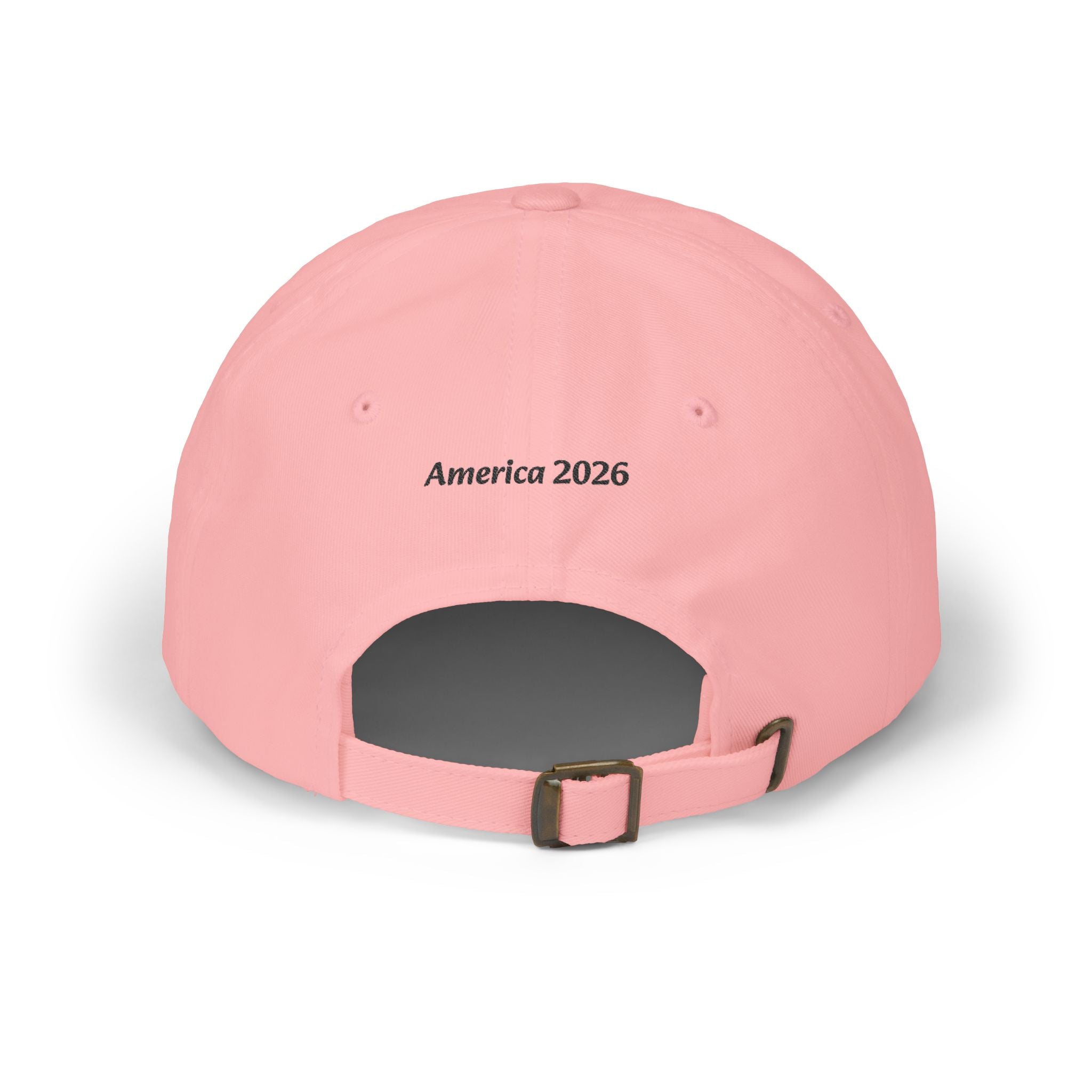 Stateside Pride pink dad cap with embroidered USA patch and America 2026 text on back.