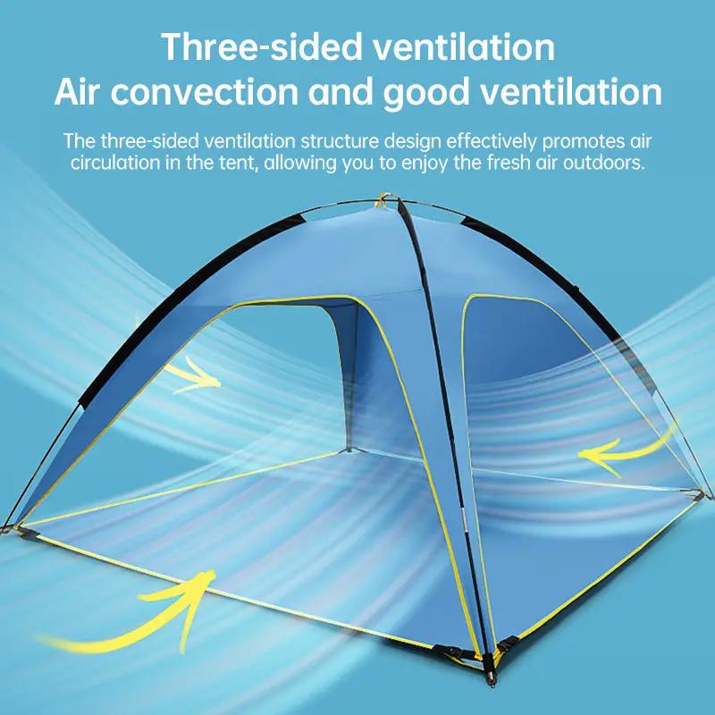 Quick-open beach tent, blue pop-up sun shelter with 3-vented design for outdoor camping, spacious