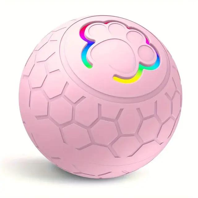 Interactive dog toy ball, pink with hexagonal texture and rainbow LED paw print