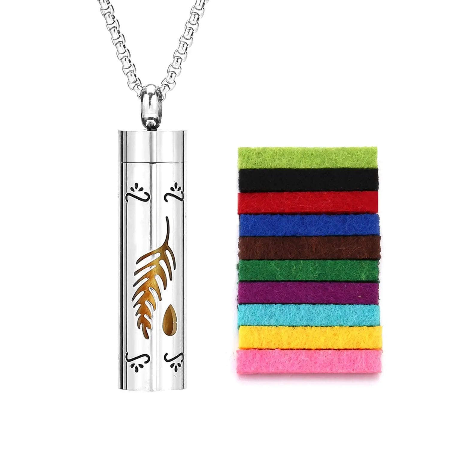 Scent Necklace by ViralGalleria.com, silver pendant with leaf design beside a stack of colorful felt strips