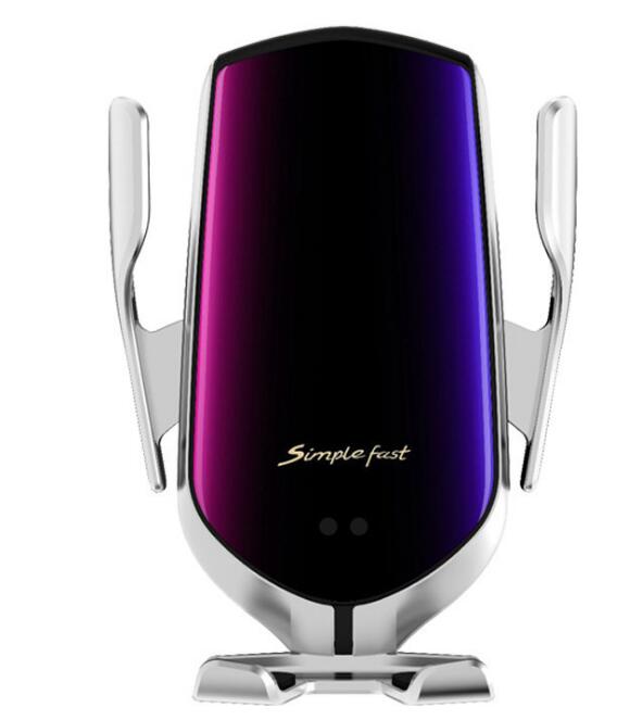 Car wireless charger holder with auto clamp, suction base, purple gradient front panel and silver clamps