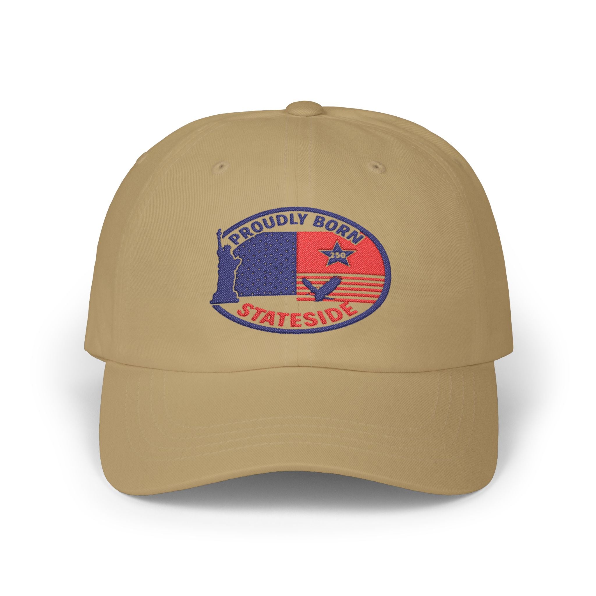 Proudly Born Stateside Dad Cap in tan with a circular embroidered USA patch on the front, showcasing red, white, and blue design
