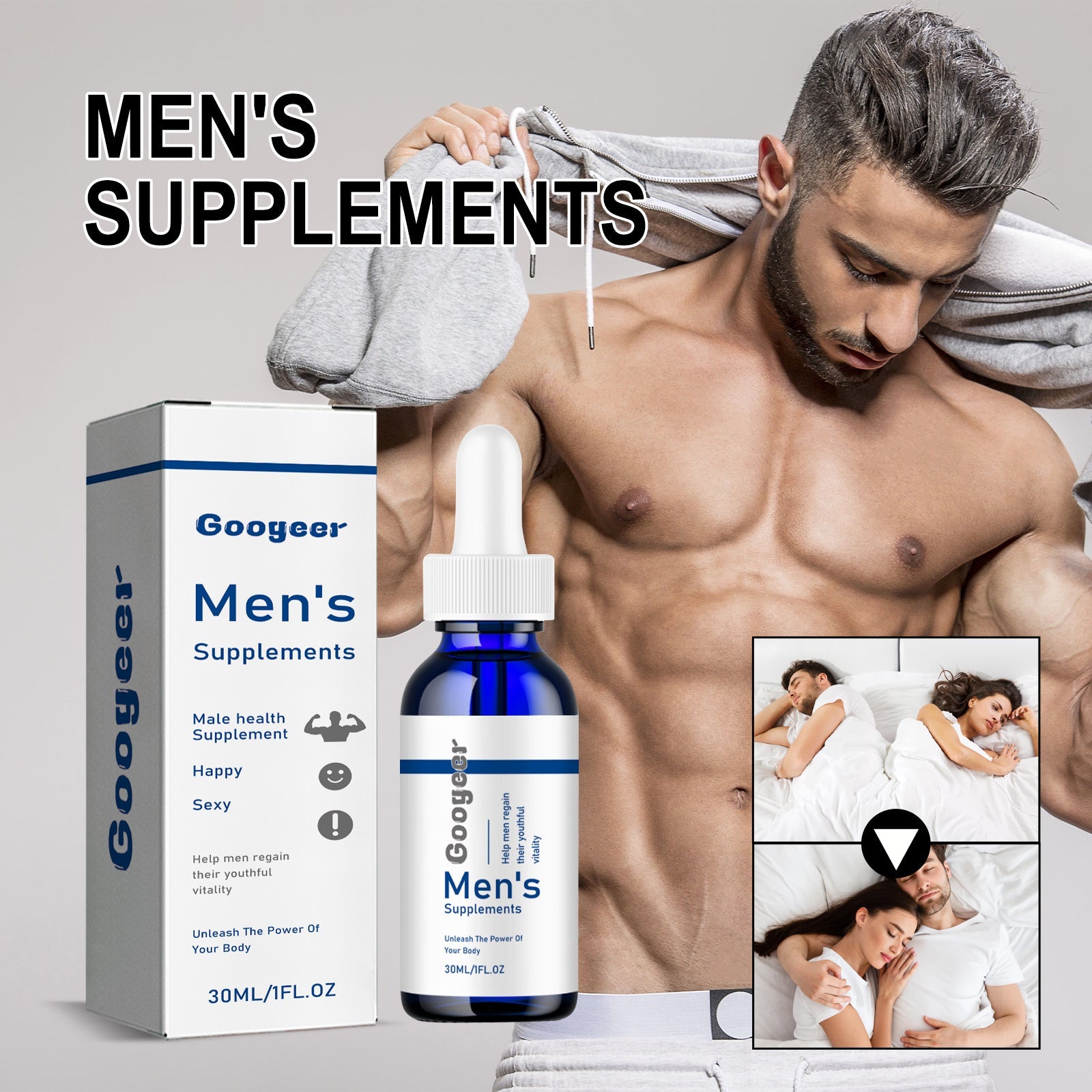 Men's supplements set with a blue dropper bottle and white boxed herbal product, beside a muscular man with a towel.