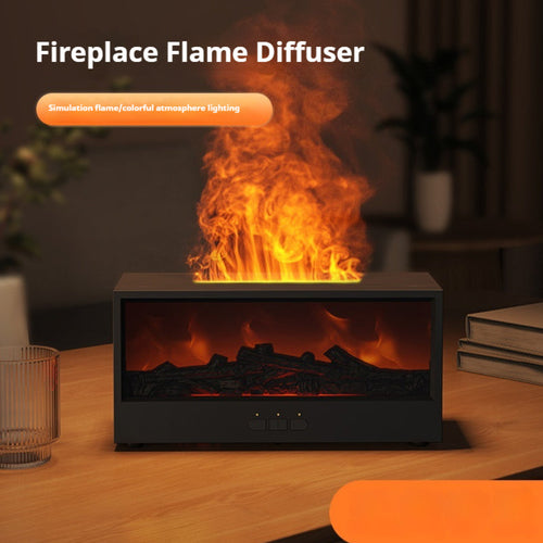 Fireplace Flame Diffuser by FLIPSTYLEZLLC, black rectangular aroma diffuser with orange flame glow on a wooden table.