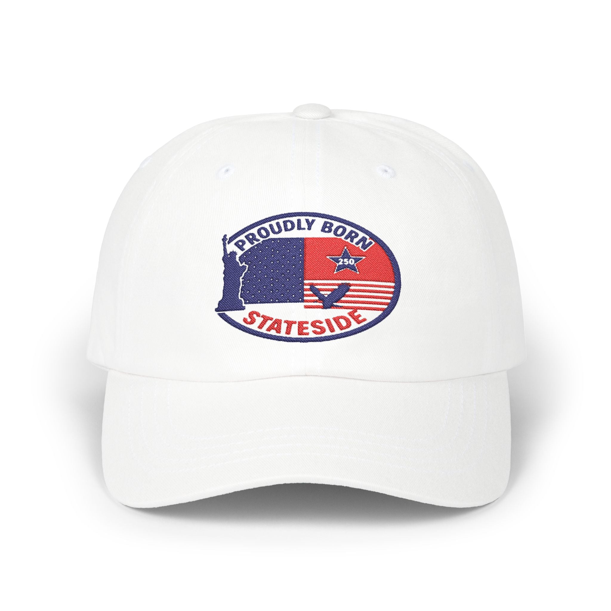 Proudly Born Stateside dad cap white with embroidered circular USA patch showing red/blue flag design