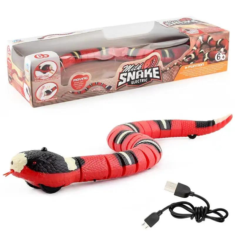 USB rechargeable interactive cat toy snake in red with smart sensing and USB cable