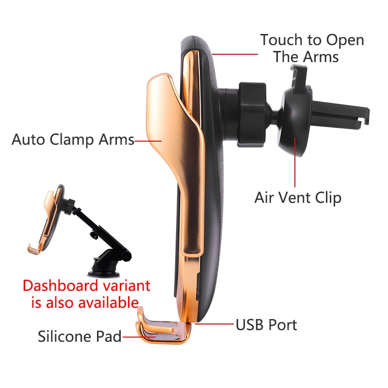 Car wireless charger holder with auto clamp arms in copper finish for iPhone X/XS/XR/8 Plus, 10W Qi fast charging.
