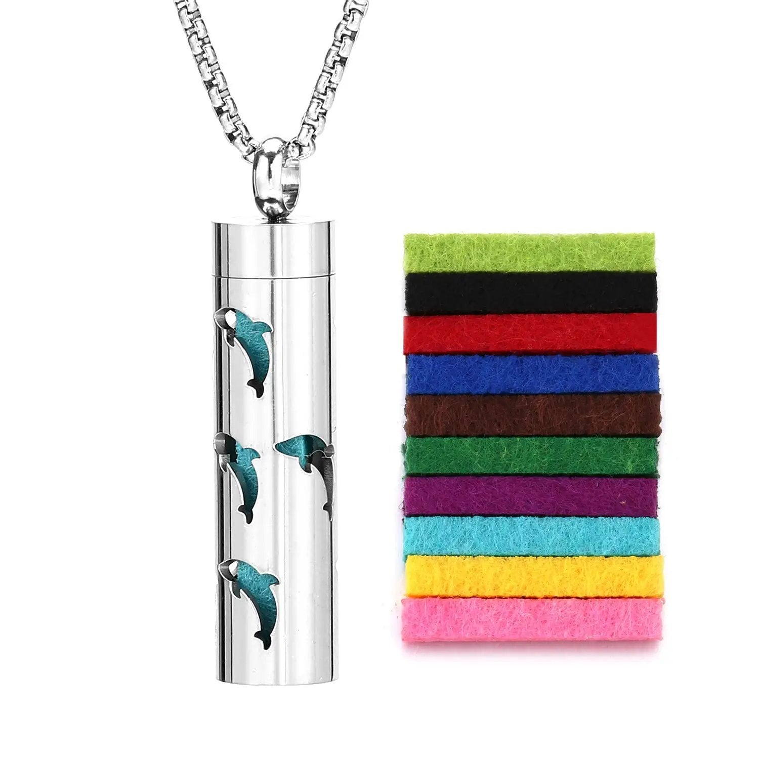 Scent Necklace by ViralGalleria.com; stainless steel cylindrical pendant with dolphin cutouts and color felt swatches.