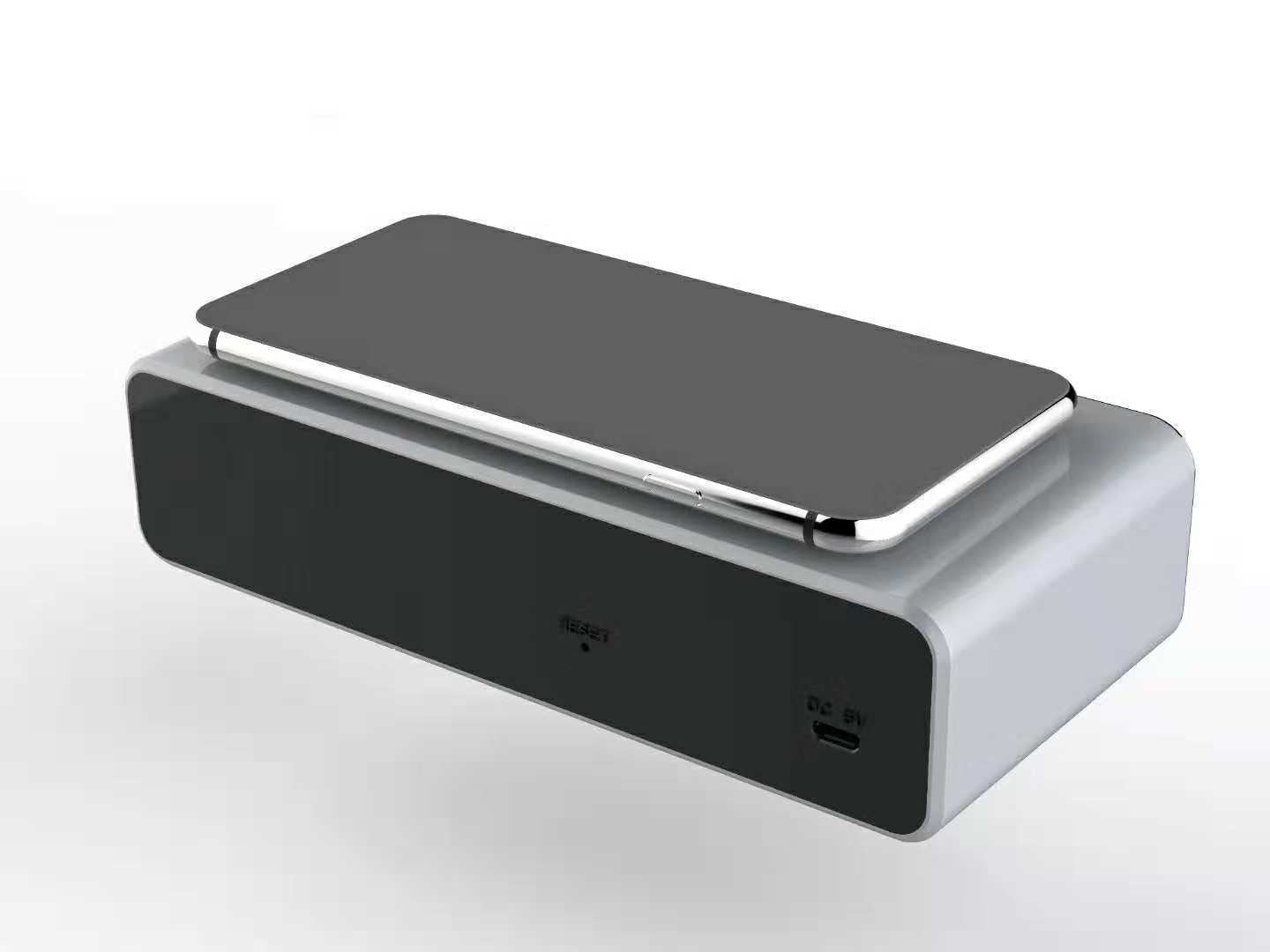 Wireless charging desktop clock with temperature gauge and mirror LED display, white and dark gray finish.